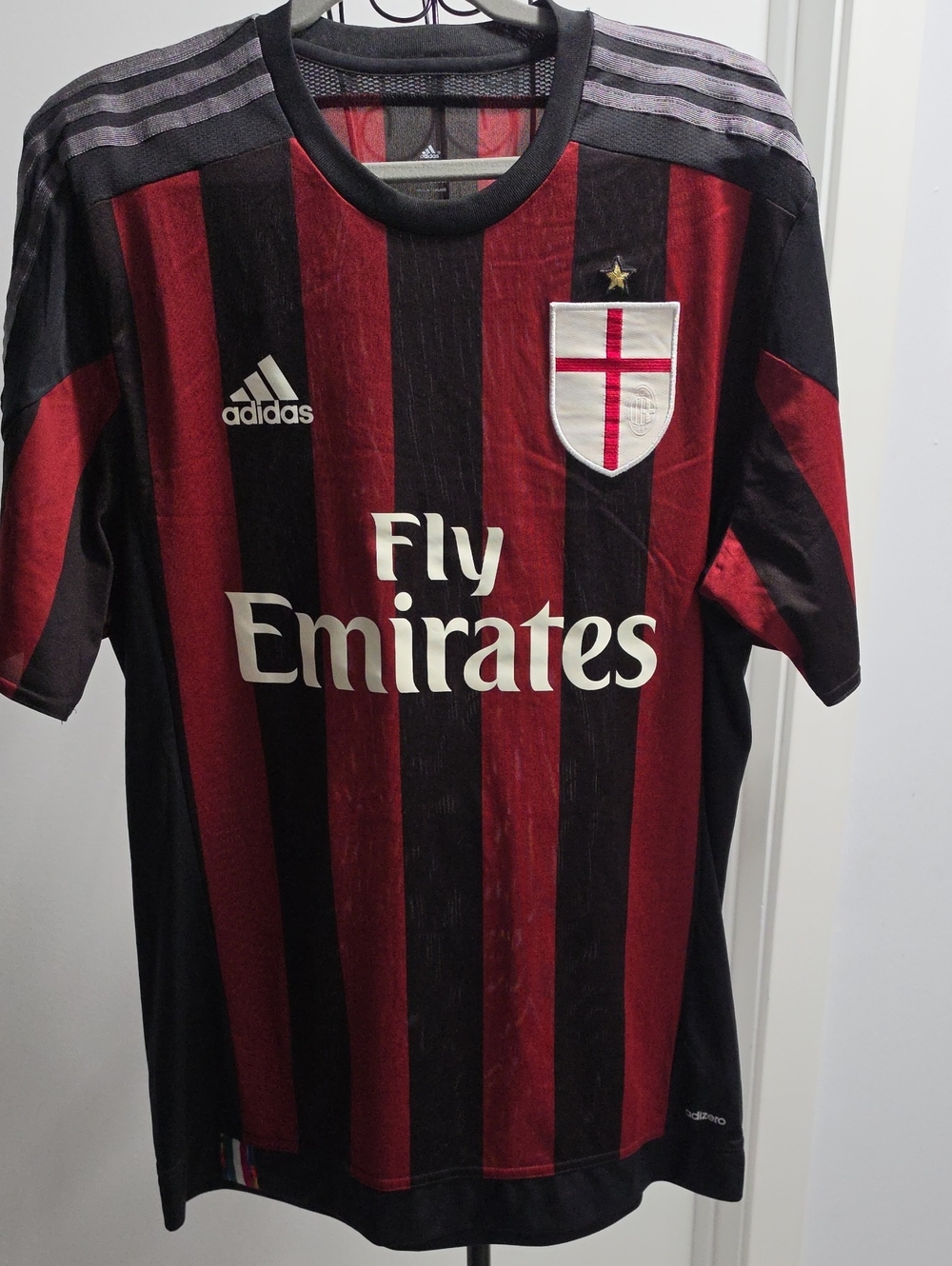 adidas Black and Red Striped Soccer Jersey with Fly Emirates